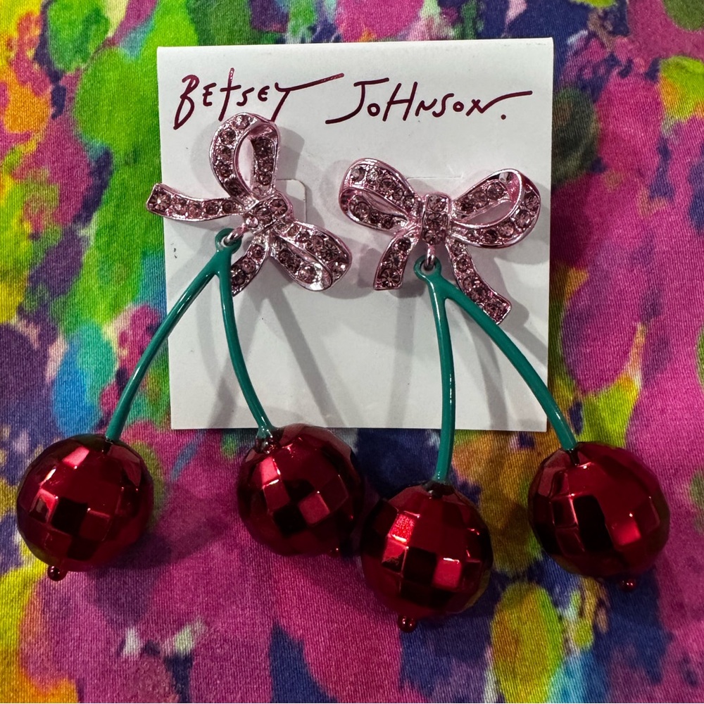 Betsey Johnson Red Cherry with Pink Bow Earrings